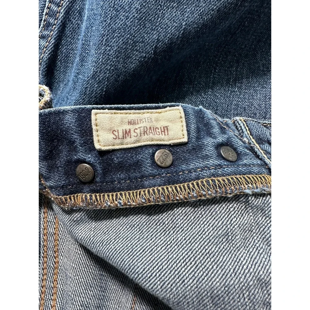 Hollister Jeans Men 33x32 Blue Slim Straight Button Fly Distressed Denim Y2K